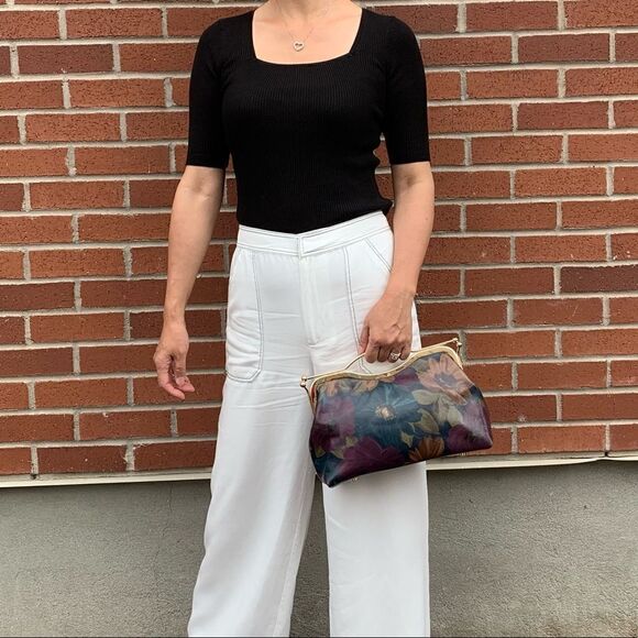 Floral Print Cowhide Leather Handmade Double Kisslock Top Handle Bag/Crossbody - Picture 5 of 15